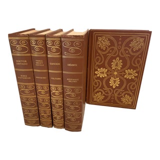 Vintage Brown Leather & Gold Gilt Books- Set of 5 For Sale