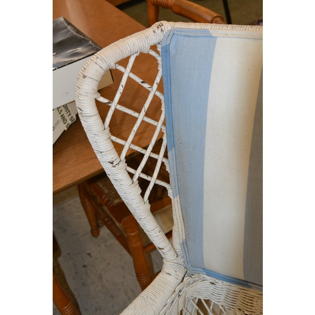 Wood Vintage White Wicker Wing Back Arm Chair W/ Blue Cushions & Coil Sprung Seat For Sale - Image 7 of 18