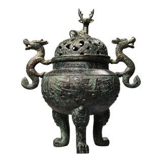 Late 19th Century Bronze Tripod Censer With Deer Finial, 2400g, Archaic Motifs For Sale