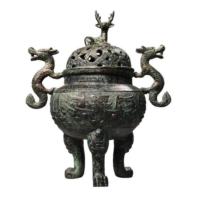 Late 19th Century Bronze Tripod Censer With Deer Finial, 2400g, Archaic Motifs For Sale