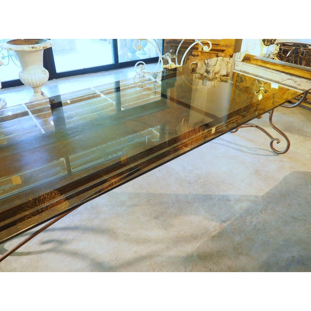 A French 1970s Wrought Iron and Brass Dining Table With Smoked Glass Top For Sale - Image 13 of 18