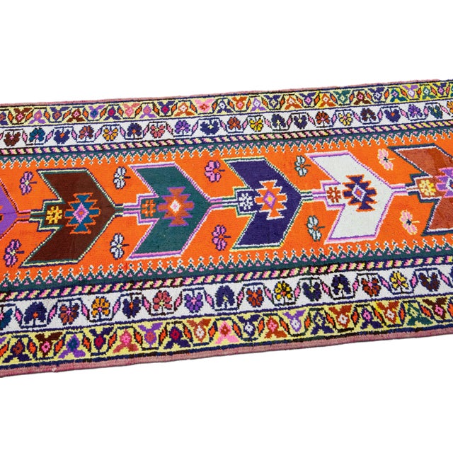 Orange Vintage Turkish Handmade Multicolor Tribal Designed Wool Runner For Sale - Image 9 of 11