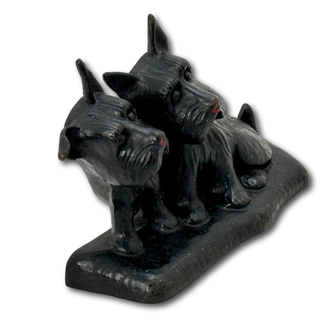 Metal Vintage 1930s American Twin Scotties "Listen" Cast Iron Dog Doorstop Made for the Texaco Oil Co. For Sale - Image 7 of 12