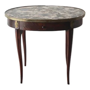 1950s Vintage French Louis XVI Style Oval Marble Wood End Table Brass Accents