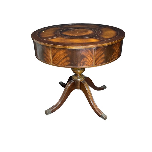 English Antique Duncan Phyfe Style Mahogany Drum Center Table With Gold-Tooled Leather Top, Early 20th Century For Sale - Image 3 of 14