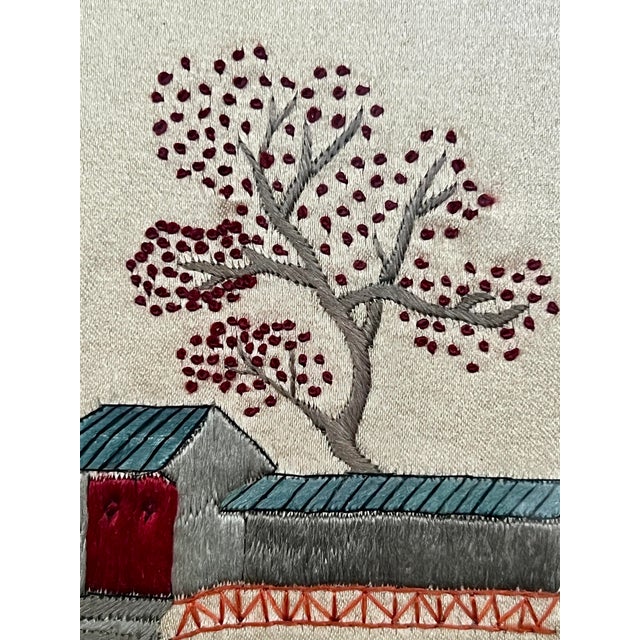 MId Century Chinese Hand Embroidered Silk on Gold Silk Figural & Landscaped Framed Wall Hangings / Panels, a Pair For Sale In Tampa - Image 6 of 8
