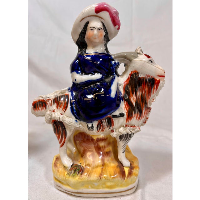 Mid 19th Century Antique Pair of 19th Century Staffordshire Figurines Depicting Period Dressed Women Riding Goats - From England For Sale - Image 5 of 11