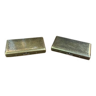 Vintage Pair of Brass Etched Cigarette Cases For Sale