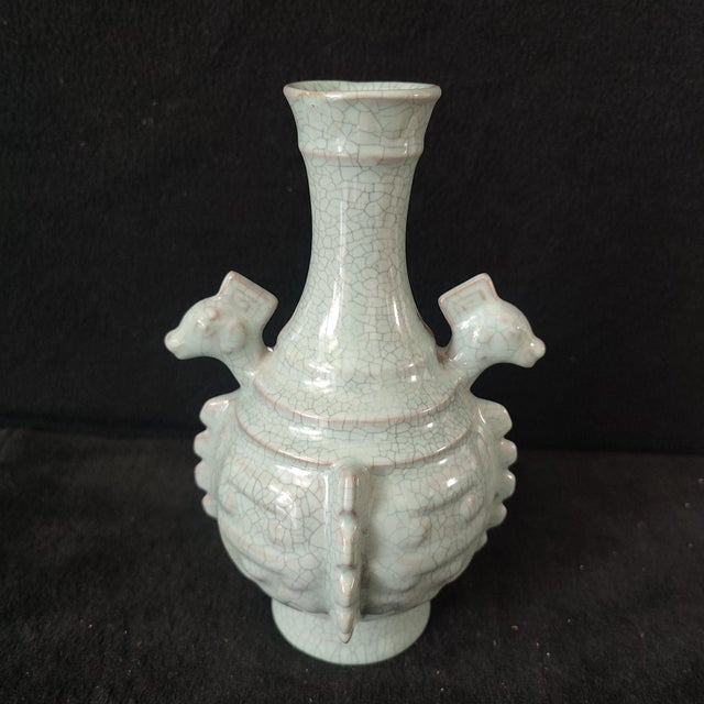 Art Deco Chinese Ceramic Vase,Guan Ware Crackle Glaze Celadon Porcelain Double Ears Vase For Sale - Image 3 of 9