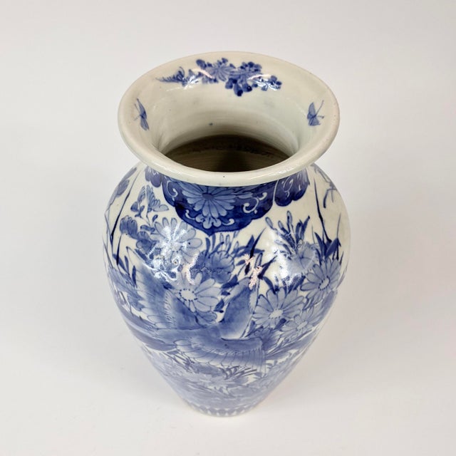 Late 19th Century Blue & White Vase With Birds and Flowers Chairish