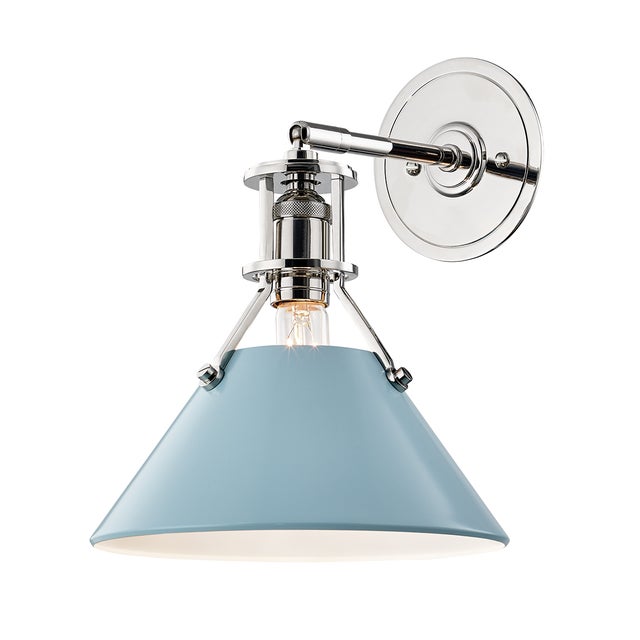 Transitional Hudson Valley Lighting Mark D. Sikes Painted No.2 1-Light Wall Sconce, Polished Nickel/Blue Bird For Sale - Image 3 of 3