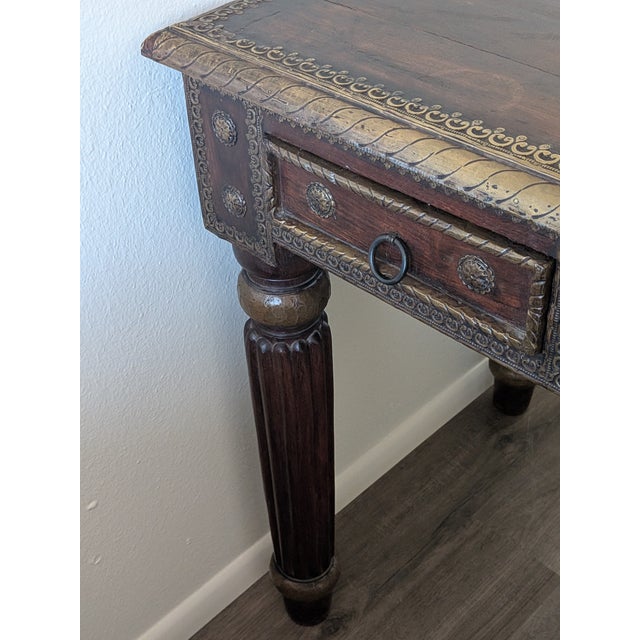 Brown Vintage Mid-Century South Asian Hand Carved Wood and Brass Desk For Sale - Image 8 of 11