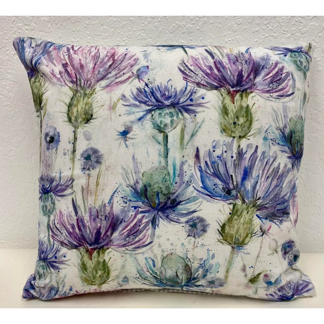 English 16" Square Pillow Bursting With a Purple and Blue Mountain Cornflowers Floral Pattern - Made in Uk. For Sale - Image 3 of 9