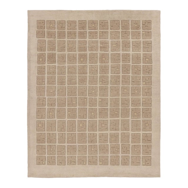 Contemporary Art Deco Wool Rug in Beige Hues by Rug & Kilim, India For Sale