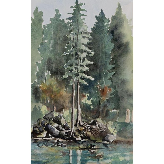 Modern Jacques Noury, Trees Along the Riverbank, Watercolor For Sale - Image 3 of 6