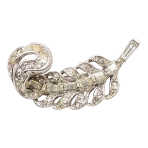Vintage 1950s Signed Crown Trifari Clear Rhinestone Feather Brooch