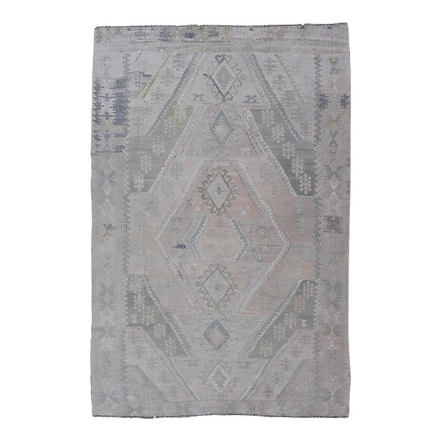 Vintage Hand-Woven Turkish Kilim in Wool With Medallion Sub-Geometric Design For Sale
