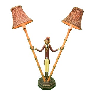 Early 21th Century Monkey 'Bellhop' Metal Bamboo Table Lamp W/ Leopard Print Felt Shades For Sale