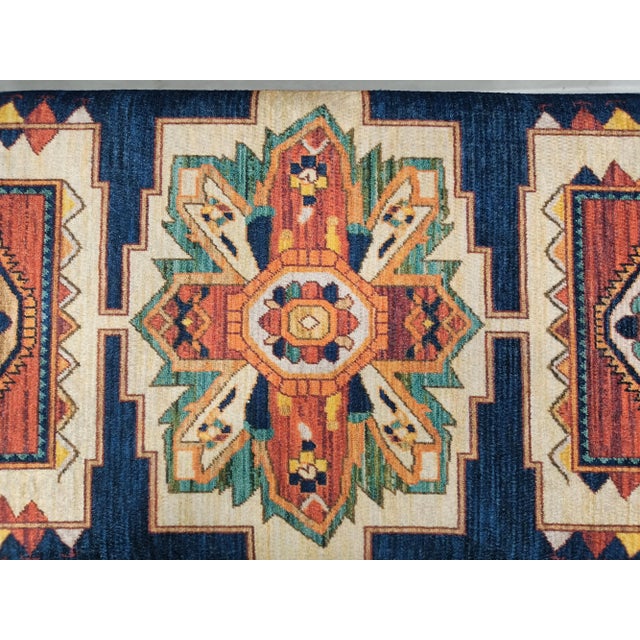 2020s Ink Blue Printed Rug Fabric Upholstered Ottoman Bench For Sale - Image 5 of 10