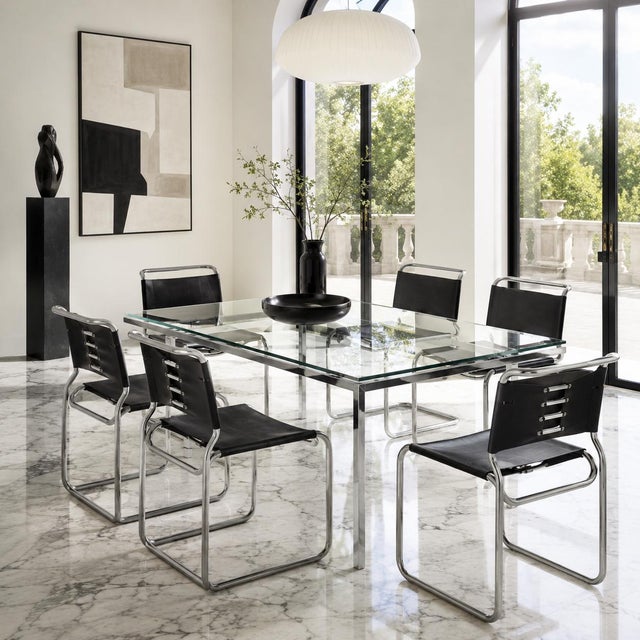 SET OF SIX DOUBLE-CANTILEVER BLACK LEATHER "CH66" DINING CHAIR BY NICOS ZOGRAPHOS United States, circa 1970s Item #...