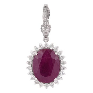 8.69Ct Oval Cut Ruby & Diamond Halo Contemporary Pendant in 14k White Gold For Sale