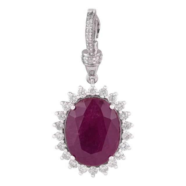 8.69Ct Oval Cut Ruby & Diamond Halo Contemporary Pendant in 14k White Gold For Sale