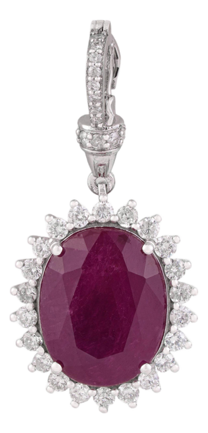 8.69Ct Oval Cut Ruby & Diamond Halo Contemporary Pendant in 14k White Gold