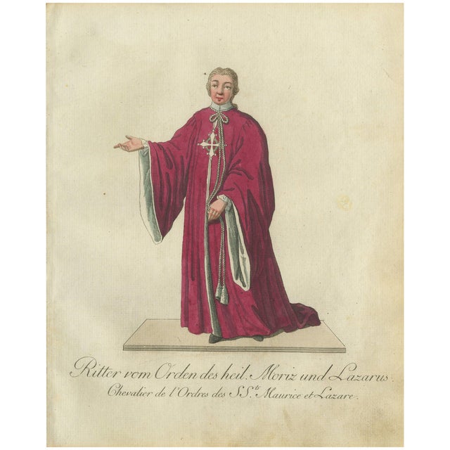 Schwan, Knight of the Holy Saints Maurice and Lazarus, 18th Century, Hand-Colored Engraving For Sale