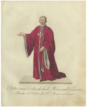 Schwan, Knight of the Holy Saints Maurice and Lazarus, 18th Century, Hand-Colored Engraving