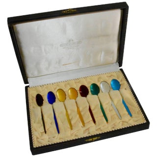 David-Andersen Norwegian Sterling Silver and Enamel Demitasse Spoon Set in Case For Sale