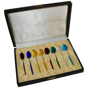 David-Andersen Norwegian Sterling Silver and Enamel Demitasse Spoon Set in Case