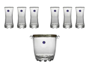 Mid 20th Century Vintage Cristalrov Over Line Gold Rim Crystal Highball Tumbler Drinking Glass With Ice Bucket Italy - Set of 7