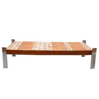 Vintage French Coffee Table with Leaf Motif Tiles by Roger Capron, 1970s For Sale