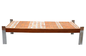 Vintage French Coffee Table with Leaf Motif Tiles by Roger Capron, 1970s