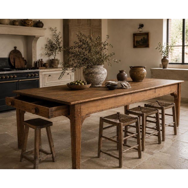 A substantial and exceptionally characterful 19th century French provincial harvest table of monumental scale, featuring a...