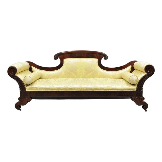 Antique American Empire Neoclassical Carved Mahogany Sofa With Gold Fabric For Sale
