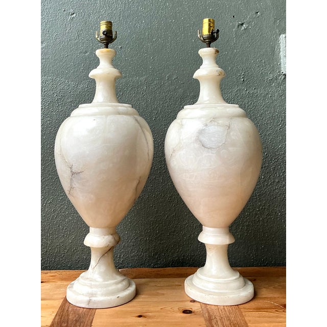 Metal Vintage Alabaster Urn Form Lamps - a Pair For Sale - Image 7 of 12
