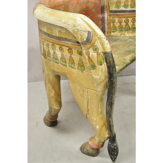 Vintage Figural Primitive Solid Carved Wood Red & Green Horse Bench Seat Chair For Sale - Image 9 of 12