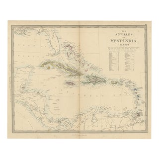 Antique Map of the Antilles or West India Islands with Island Areas, 1858 For Sale