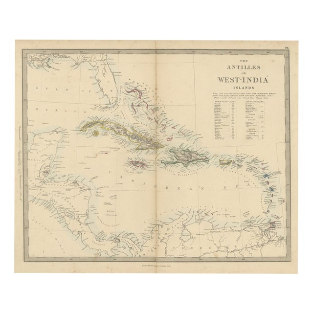 Antique Map of the Antilles or West India Islands with Island Areas, 1858 For Sale