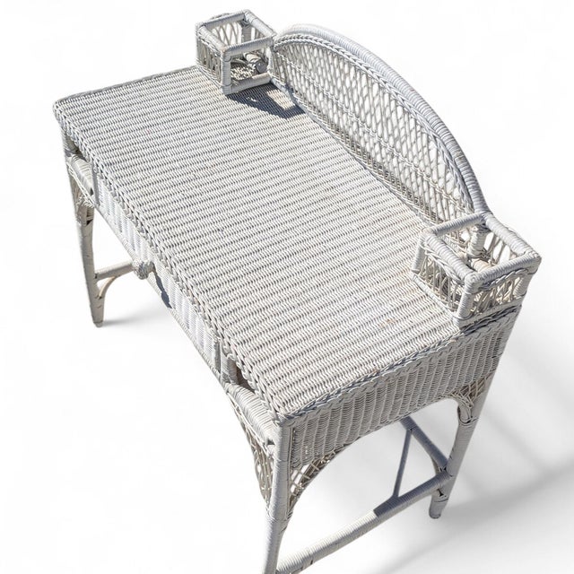 White Woven Wicker Writing Desk and Matching Side Chair For Sale - Image 15 of 18