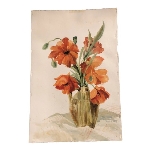 Original Vintage Watercolor Poppy Still Life Painting Signed 1970’s For Sale