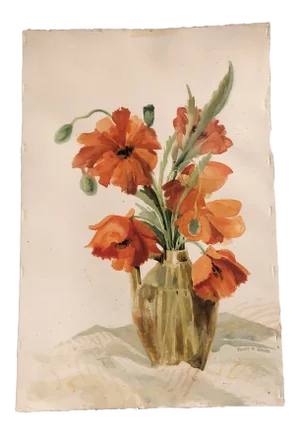Original Vintage Watercolor Poppy Still Life Painting Signed 1970’s