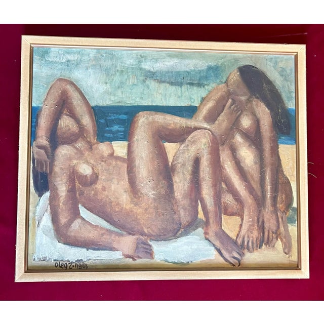 Oleg Zinger Oil Painting Sign Cubism Naked Women on the Beach 1945 France For Sale - Image 9 of 11