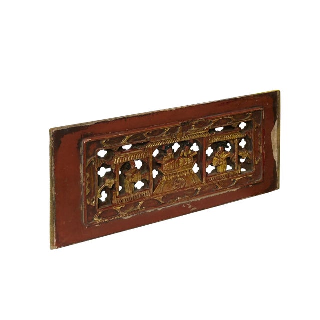 Chinese Vintage Wood Red Golden Relief Carving Wall Hanging Art Plaque For Sale In San Francisco - Image 6 of 7