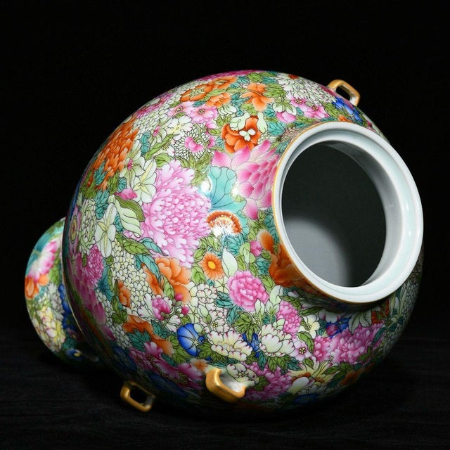 Vintage Famille Rose Porcelain Jar – 20.5" Floral Millefleur Vase With Lid For Sale - Image 4 of 9