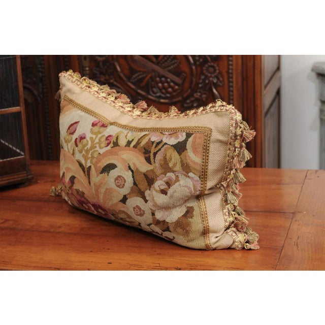 Beige Pillow Made from a 19th Century French Tapestry with Floral Décor and Tassels For Sale - Image 8 of 12