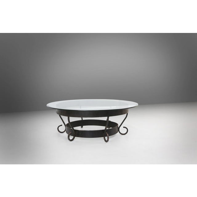 Rustic Round Coffee Table with Wrought Iron Base and Glass Top, France, 1930s For Sale - Image 12 of 12