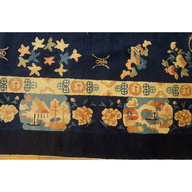 1920s 1920s Navy Blue Floral Shou Deco Antique Chinese Peking Knotted Rug 8'2" X 9'10" For Sale - Image 5 of 9