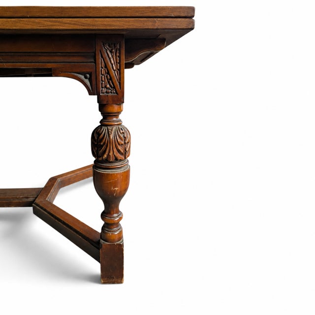 Vintage Walnut Jacobean Revival Refectory Dining Table With Carved Base For Sale - Image 4 of 15